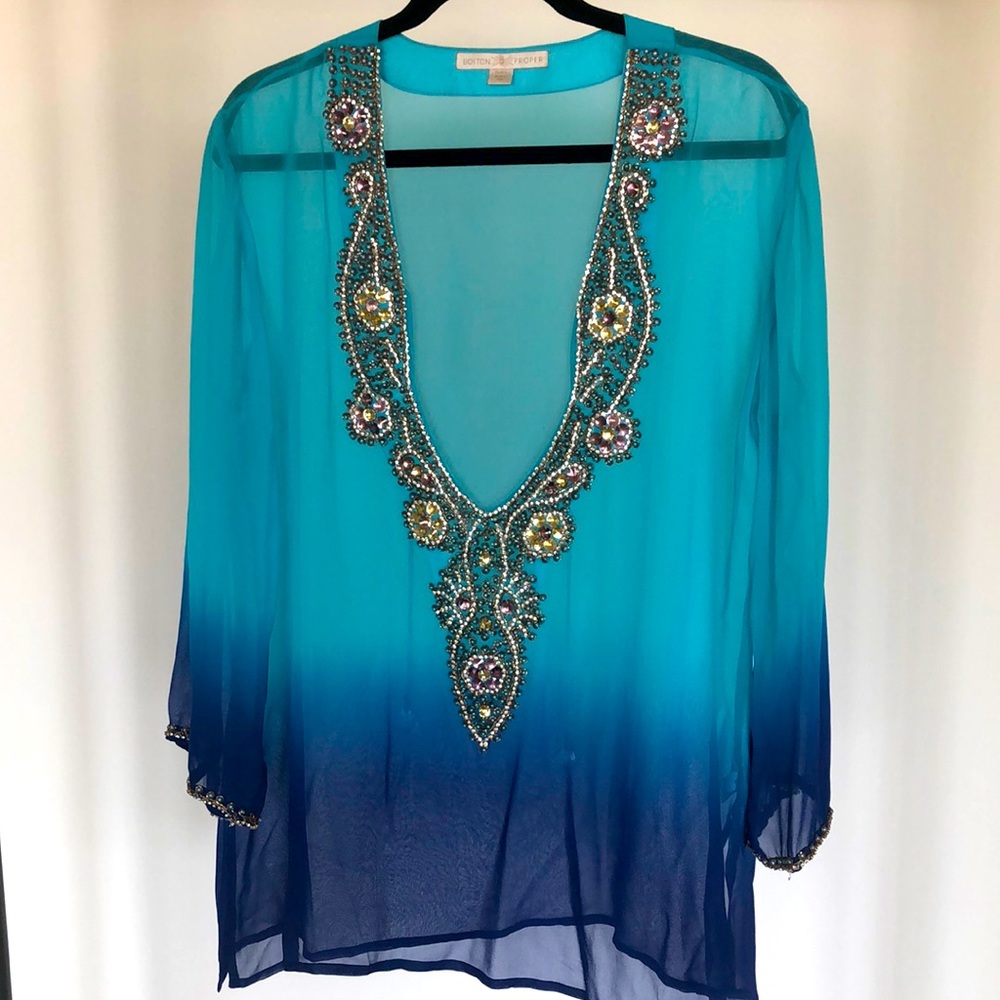 NWOT Boston Proper Ombré Embellished Sheer Blouse or Cover-up. Large